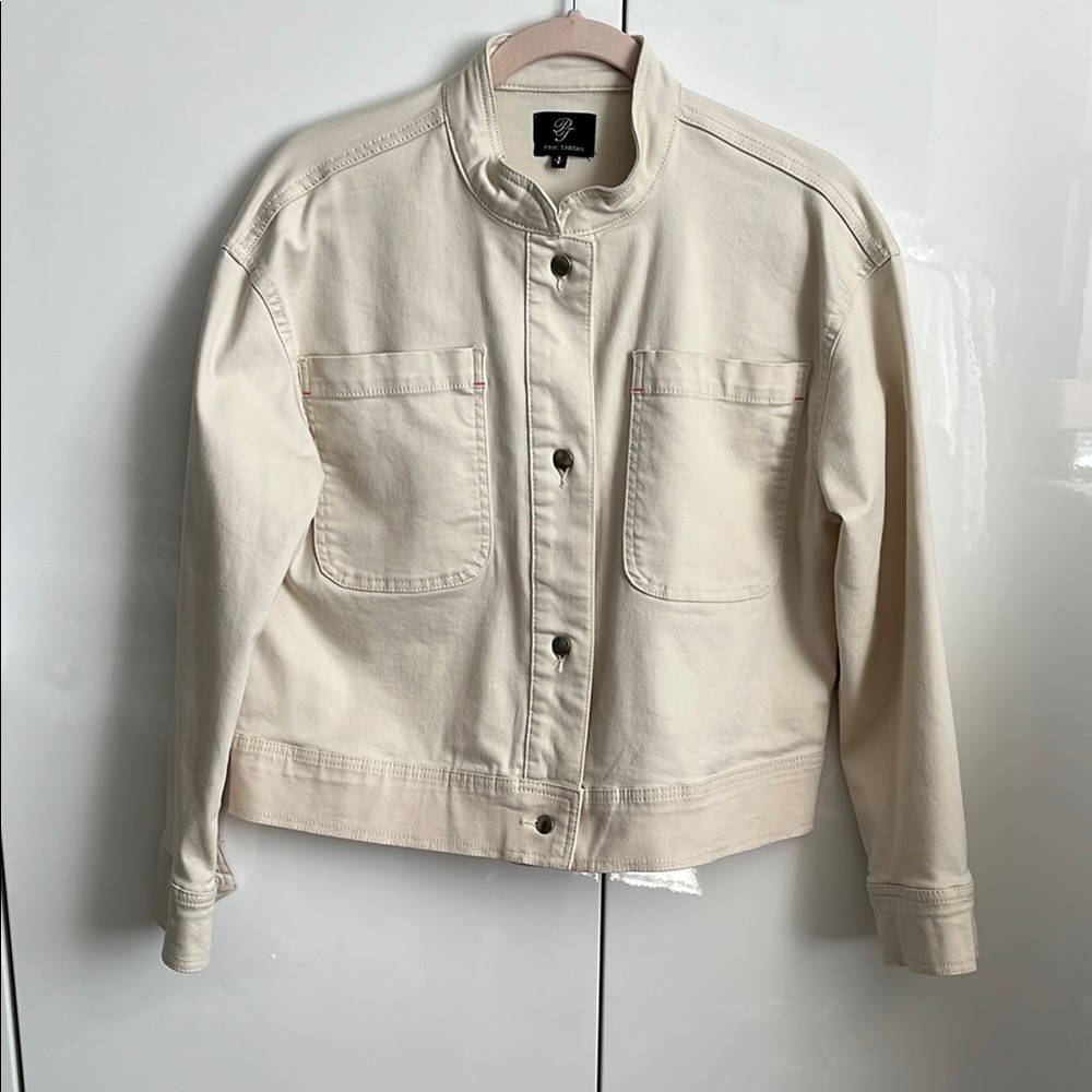 PINK TARTAN NWOT Beige Twill Jacket Mandarin Collar, Size S
